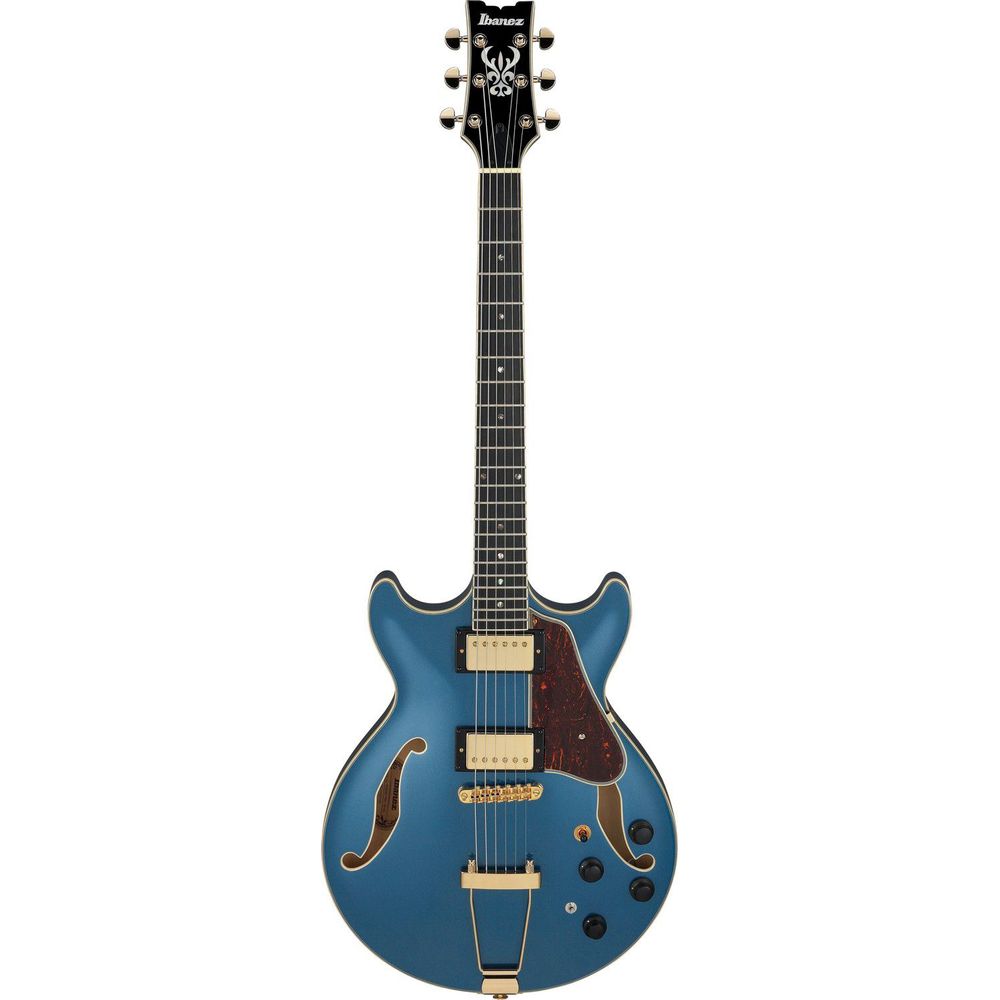 blue hollow body electric guitar